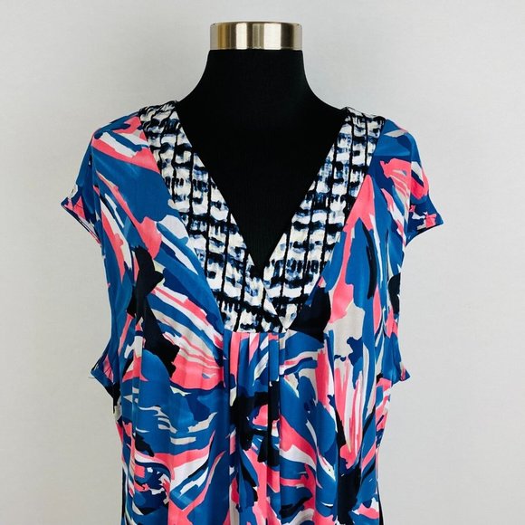 Alfani Womens Plus 2X Blue Salmon Pink Colorful Abstract Print Knee Length Dress - Picture 3 of 8